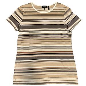 Theory Womens Striped Short Sleeve Tee Shirt Black Tan Casual Stretch Large Top